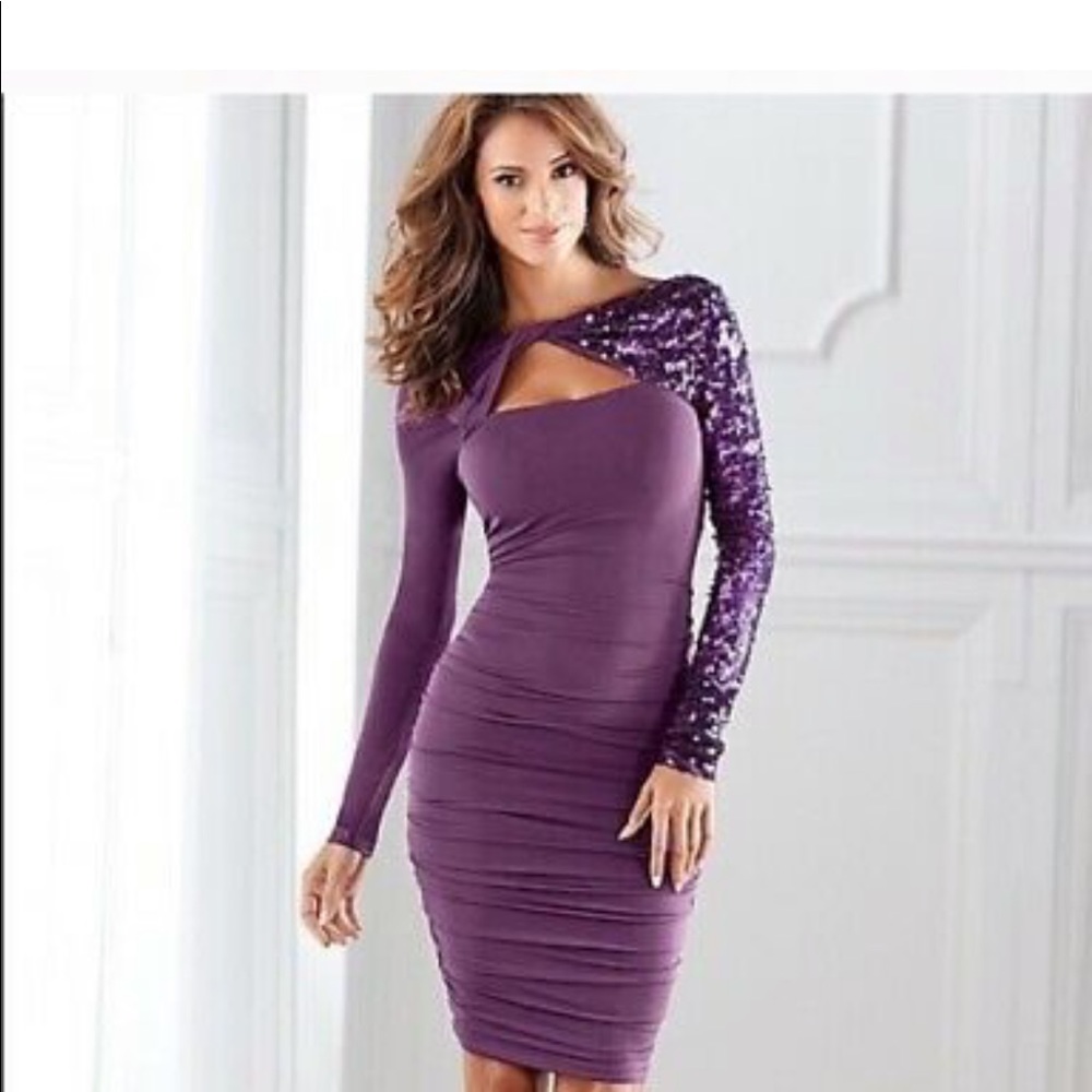 Plum Purple Twist Neck Sequin Shoulder Dress